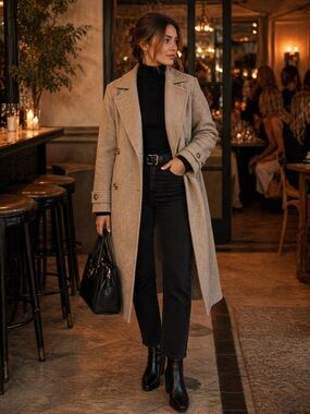 H&M Tan Oatmeal Double-Breasted Long Wool Coat